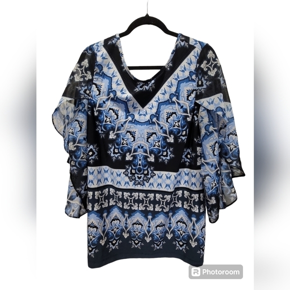 XL Navy Blue Sheer Flowy Sleeve V Neck Tunic Paisley Geometric - Picture 1 of 7